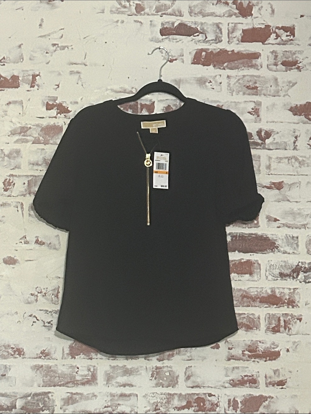 NWT Michael Kors Black Short-Sleeve Top with Gold Zip